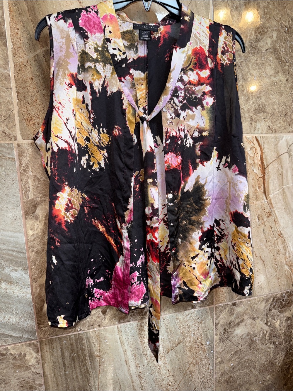 Vintage Apostrophe Black Floral Abstract Tie-Neck Sleeveless Blouse